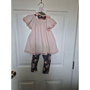 Baby Girl Shabby Chic Pink Gray Floral Top Leggings Headband Matching Set